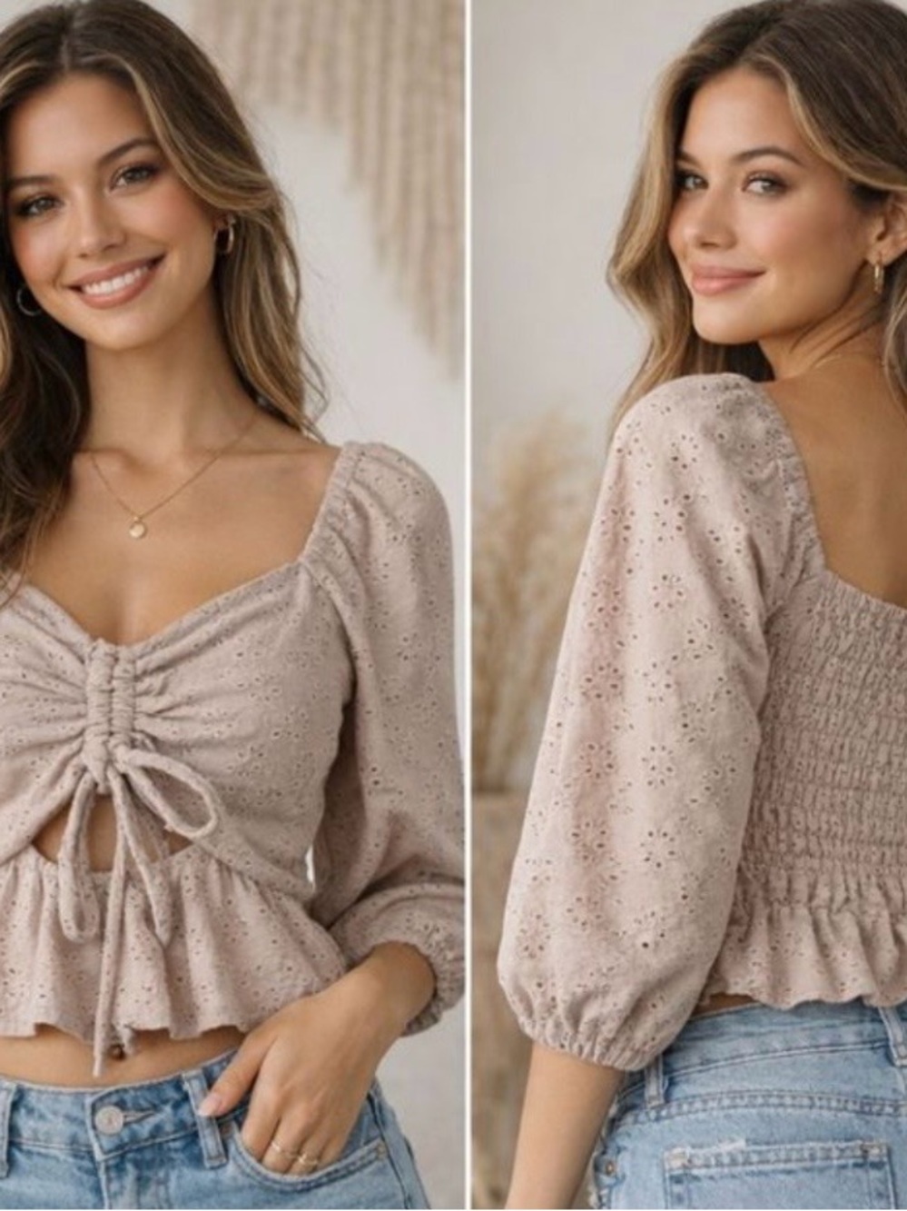 URBAN Romantics Taupe Eyelet Drawstring Peplum Top